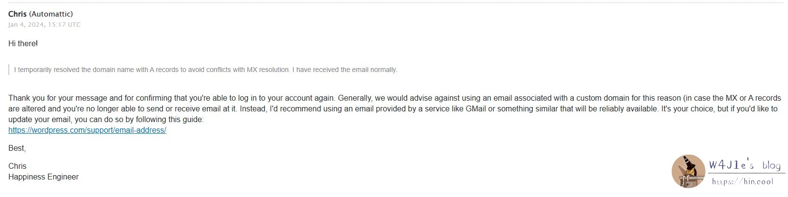 告诉WP我临时使用A记录解析后